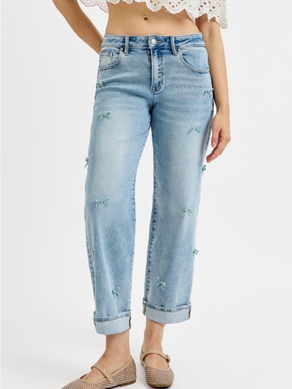Risen Cassidy High-Rise Barrel Leg Bow Detail Cropped Blue Jeans Size 5/27